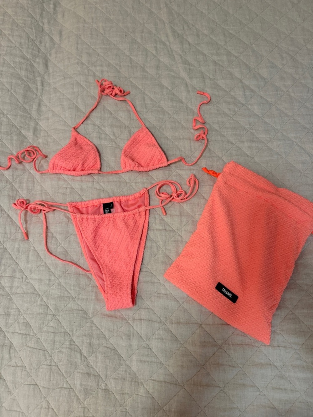 Triangl Textured Coral Pink String Bikini with Matching Pouch
